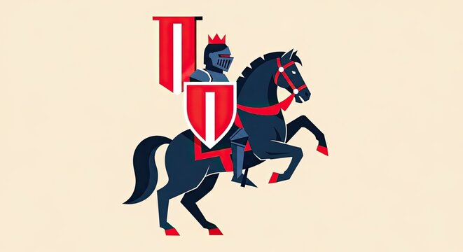 Medieval knight riding a black horse with red shield.