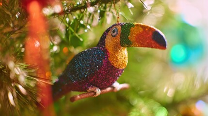 Fototapeta premium Bright toucan ornament hanging on a Christmas tree with colorful lights and decorations during the holiday season