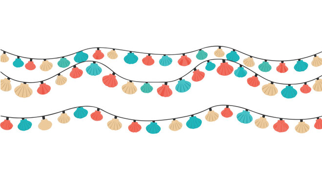 Colorful seashell garland on wavy wires. Flat vector illustration featuring scallop shells in teal, coral, and cream hanging from three horizontal strands on a white background.