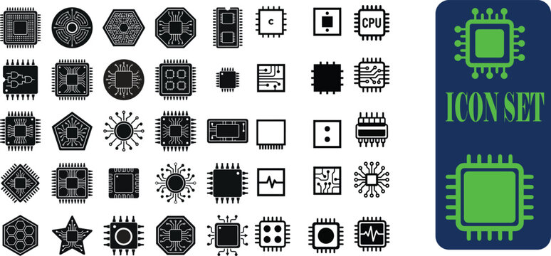 CPU Processor Microchip Technology Icons Set | Semiconductor Chip, Circuit Board and Electronics Vector Collection