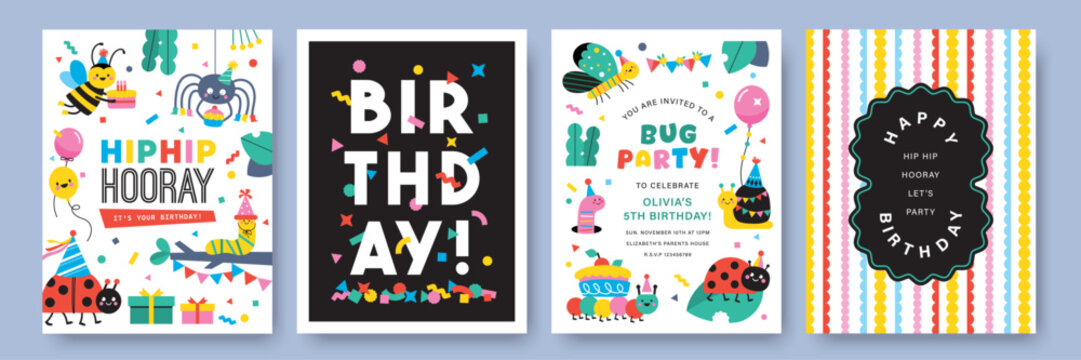 Set of birthday party insects and bugs with party hat, party flag, gift box , cake and balloon. Vector illustrations for birthday greeting card, invitation card, sticker, backdrop, prints