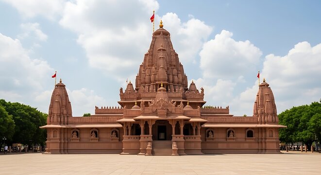 Ornate Sandstone Hindu Temple Standing in Open Courtyard Under Cloudy Sky