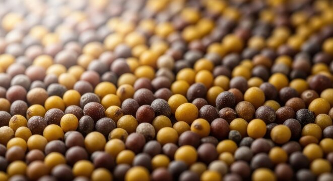 Macro view yellow brown mustard seeds scattered together, for natural variety, organic textures, raw ingredients used in healthy cooking traditional spice blends