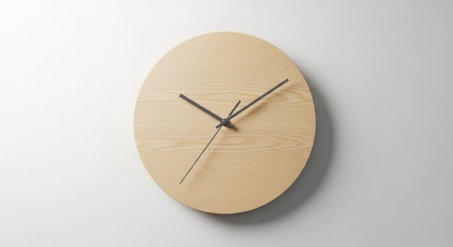 Minimalist wooden wall clock with sleek black hands on clean white background, for timeless elegance, modern interior design, steady flow time in peaceful environment