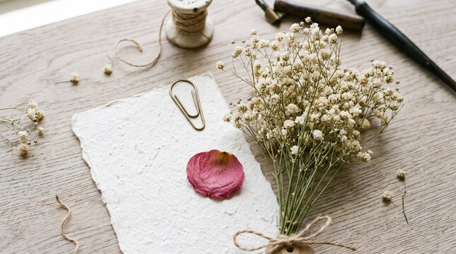 Blank paper card with flowers and wax seal on table