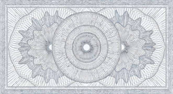 Intricate light mist blue guilloche artwork with symmetrical circular line patterns and floral motifs, featuring a decorative rectangular border suitable for security documents or certificates.