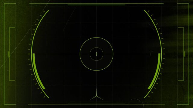 Green futuristic HUD viewfinder overlay. Transparent alpha channel in ProRes 4444 format. Isolated seamless loop for sci-fi VFX, motion graphics, and video compositing.
