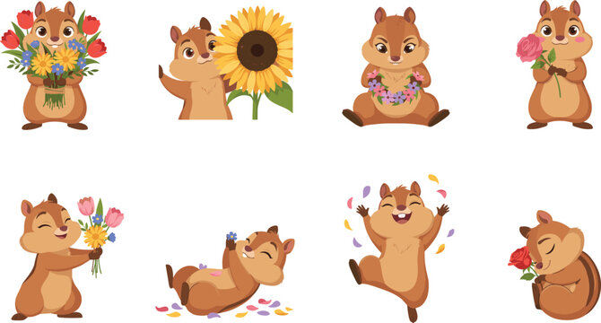 Cute Chipmunk and Squirrel Character Sticker Set with Beautiful Spring Flowers for Kids Birthday Cards Nursery Decor Stationery and Festive Seasonal Vector Designs