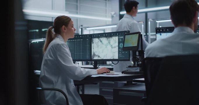 Multidisciplinary Research Team Advances Drug Development and Disease Treatment Programs Inside a Modern Medical Facility, Analyzing Neural Imaging, Molecular Compounds and Microscope Samples.