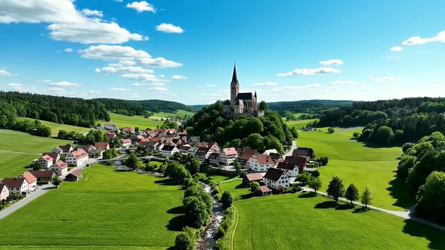 An aerial view captures a picturesque German village with a church atop a hill and traditional half-timbered houses.