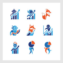 Fototapeta premium Robots, Foxes, and Analytics Icons: Growth, Strategy, and Data Visualization Concepts