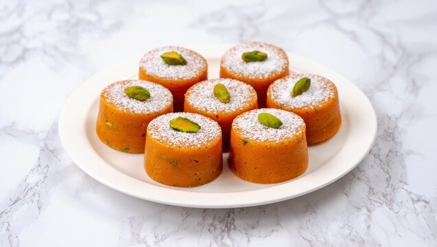 Traditional indian gajar ka halwa carrot pudding served on white plate with pistachios powdered sugar, for festive celebration, sweet luxury, authentic cultural heritage