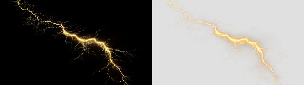 Lightning bolt strikes from clouds with electrical energy during a storm on a transparent background