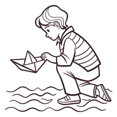 Child Releasing Paper Boat in Flood Illustration Featuring Water, Drawing, Kid with Activity and Play Elements for Outdoor