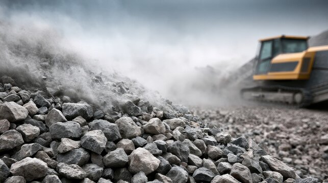 A large pile of crushed stones and gravel with rising dust at an industrial quarry site. Mining and construction industry concept.