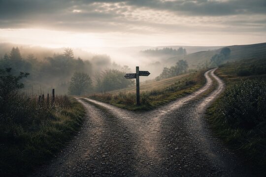 Forked road diverging through misty landscape, symbolic choice concept, natural ambient light.
