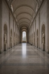 Obraz premium A long, empty gallery corridor with classical statues lining the walls.