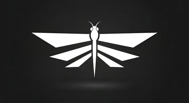 Minimalist geometric firefly insect logo on dark background.