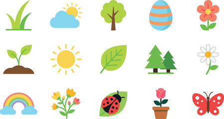 Spring nature icon collection with flowers rainbow butterfly ladybug tree sun and seasonal garden elements in colorful flat style © Danial