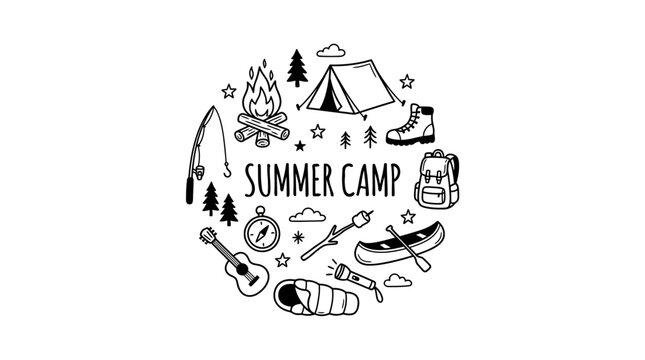 Summer camp circular emblem with outdoor adventure line icons.