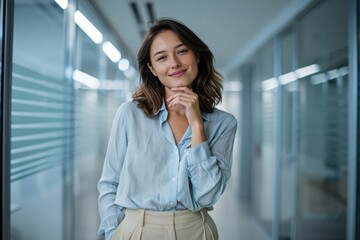 Fototapeta premium Female Executive Standing Proudly in Modern Workspace Corridor