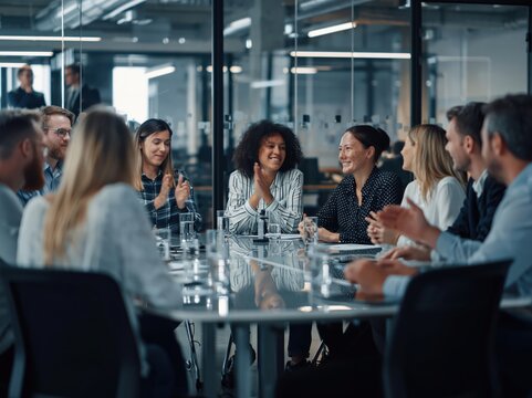 Corporate Team Brainstorming Around Table in Modern Workspace