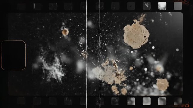 A vintage film strip shows abstract splatters and dust on a black background.