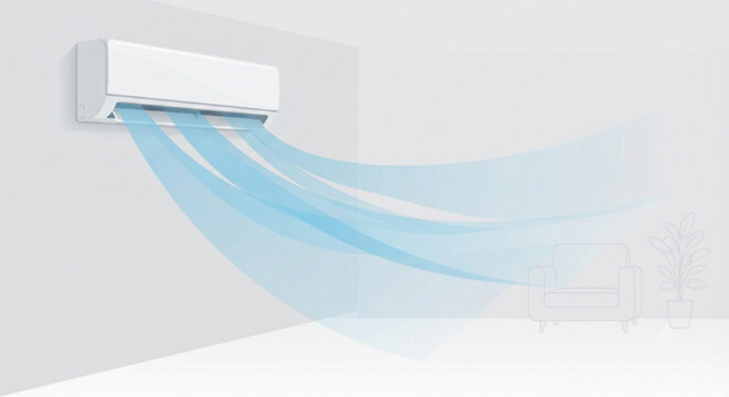 Air conditioner airflow depicted as cool blue streams coming from wall mounted unit. Image shows gentle distribution of cold air in clean minimal style. Modern vector illustration.
