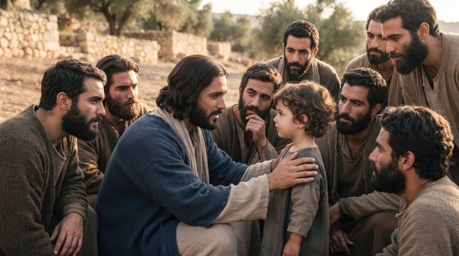 Jesus Christ teaching the disciples by gathering a child in the middle. Gospel of Matthew scene depicting humility and the Kingdom of Heaven. biblical historical re-enactment study.