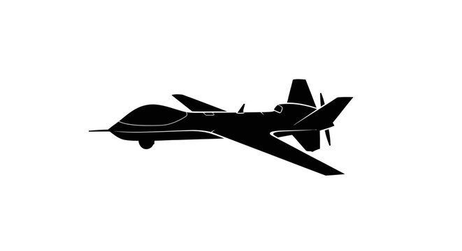Military drone silhouette flying on white background