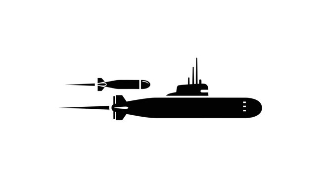 Black submarine silhouette firing torpedoes on white background