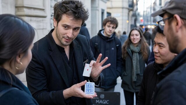 Street Magician Performing Card Trick for Amazed Audience in Urban Setting