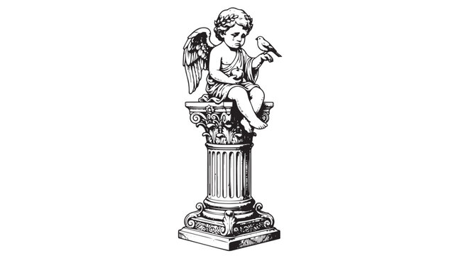 Cherub Statue Sitting on Corinthian Column Holding Small Bird
