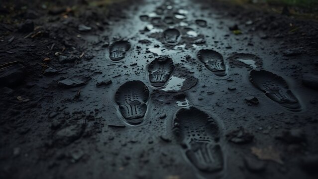 Deep shoe prints in a muddy path after rainfall, dark wet earth texture under overcast sky.