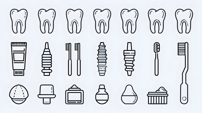 A collection of Dental icons set with editable stroke, including tooth, dentist, teeth, implant, dentistry, tooth paste, tooth brush, etc. Thin linear vector illustration. Stock Vector