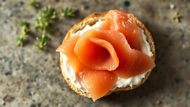 Top-down view of an open bagel sandwich with cream cheese and pink smoked salmon.