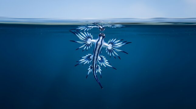 Blue Glaucus sea slug floating on ocean surface with reflection