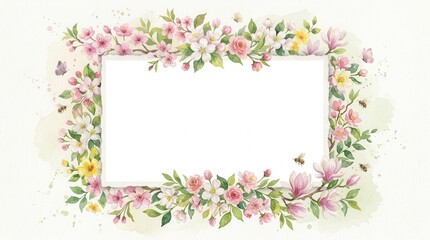 Fototapeta premium Watercolor floral frame with spring blossoms and bees