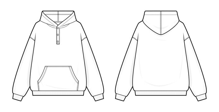 Unisex Henley Button Hoodie Sweatshirt Technical Fashion Flat Sketch CAD Vector Template. Front and Back View Blank Kangaroo Pocket Pullover Mockup.