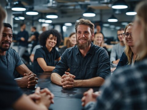 Professionals Collaborating Around Table in Open Office