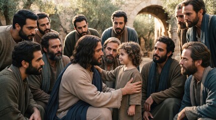 Fototapeta premium Jesus Christ teaching disciples by placing child in middle. Biblical scene from Gospel of Matthew about humility and kingdom of heaven. Religious historical reenactment in ancient town.