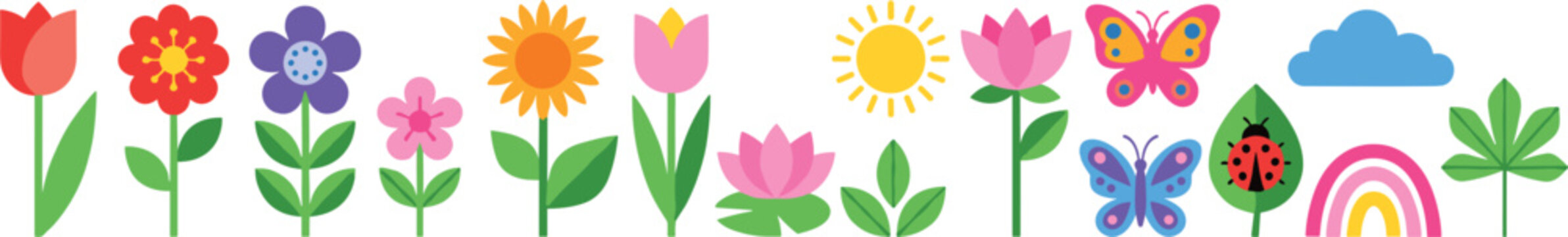 Colorful spring border with flowers butterflies rainbow sun and nature elements in cute flat cartoon style isolated design