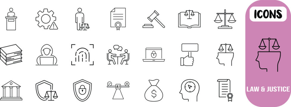 Law and justice system outline icons. scales icon set, gavel icon set, document icon set