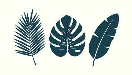 Minimalist tropical leaf silhouettes of palm monstera and banana for modern botanical art designs. © RUMA