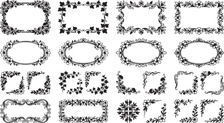 Fototapeta premium Vintage floral frames and decorative borders, set of 16 black vector ornaments, elegant wedding invitation scrollwork elements