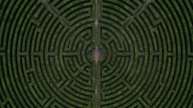 Aerial view of a circular hedge maze in a park, showcasing intricate patterns and symmetrical design in a lush green garden setting