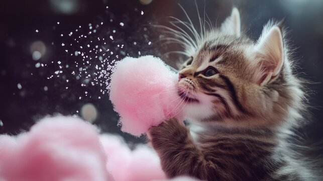 Adorable tabby kitten playfully biting and eating pink cotton candy.