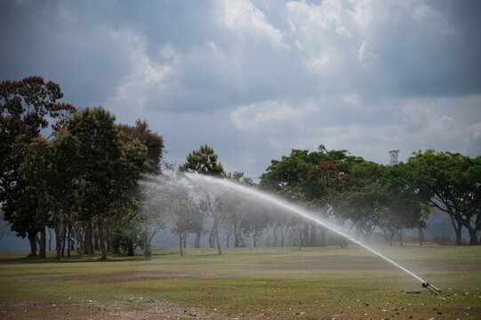 Automatic sprinkler watering green lawn under cloudy sky