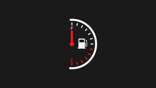 Full fuel gauge icon showing a red needle pointing to the letter f on a dark background representing a car dashboard display indicating a full tank of gasoline or petrol for travel and driving