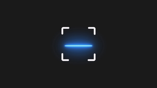 Neon blue light minus sign inside a white square corner frame glowing on a dark background